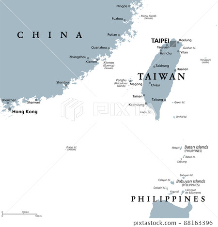 Taiwan Area, gray political map, with capital Taipei. Free Area of the Republic of China, ROC. Main Island and island groups of Taiwan, located between the East and the South China Sea. Illustration. Taiwan Area, gray political map, with capital Taipei. Free Area of the Republic of China, ROC. Main Island and island groups of Taiwan, located between the East and the South China Sea. Illustration. 88163396