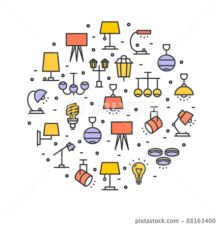 Lamp Shop Round Design Template Contour Lines Icon Concept. Vector 88163400
