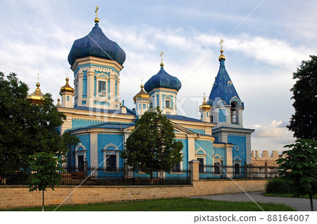 Chisinau or Kishinev, Moldova: Ciuflea Monastery is a Moldovan Orthodox monastery in downtown Chisinau. This colorful monastery has blue and white walls and blue domes. Chisinau or Kishinev, Moldova: Ciuflea Monastery is a Moldovan Orthodox monastery in downtown Chisinau. This colorful monastery has blue and white walls and blue domes. 88164007