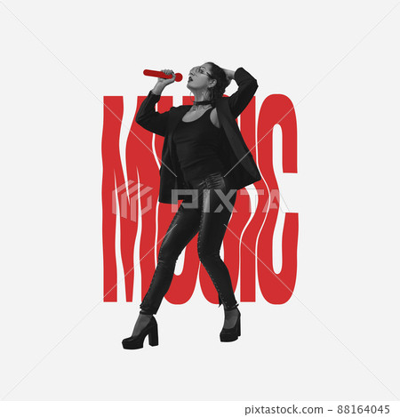 Collage. Portrait of young expressive woman in stylish black costume giving concert, singing isolated over light background Collage. Portrait of young expressive woman in stylish black costume giving concert, singing isolated over light background 88164045