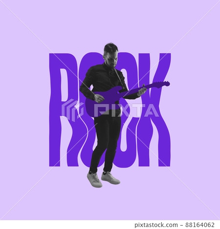 Collage. Young stylish man playing guitar, giving rock concert, performance isolated over purple background 88164062