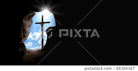 Easter morning, Golgotha hill with silhouettes of the cross, 88164387