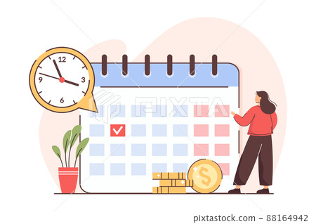 Flat woman with personal financial bill payment calendar 88164942