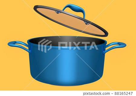 Stainless steel stewpot and chrome plated aluminum cookware on yellow background Stainless steel stewpot and chrome plated aluminum cookware on yellow background 88165247
