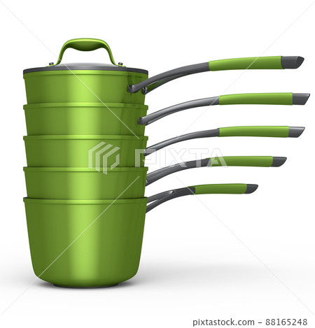 Set of stainless steel stewpot and chrome plated cookware on white background 88165248