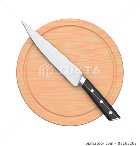 Chef's kitchen knife on a wooden board isolated on white background. 88165262