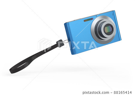 Stylish blue compact pocket digital camera isolated on white background. 3D rendered concept of vacation travel destination Stylish blue compact pocket digital camera isolated on white background. 3D rendered concept of vacation travel destination 88165414