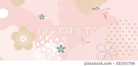 Japanese aesthetic background pattern. Tradition oriental design style banner card with geometric elements and abstract shapes. Colorful dragonflies and sakura flowers. Japanese aesthetic background pattern. Tradition oriental design style banner card with geometric elements and abstract shapes. Colorful dragonflies and sakura flowers. 88165799