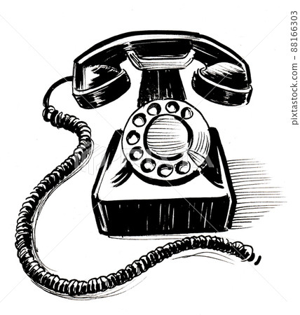 Retro telephone. Ink black and white drawing 88166303