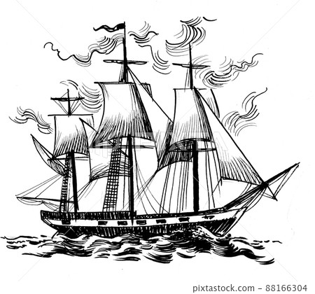 Sailing ship in the sea. Ink black and white drawing 88166304