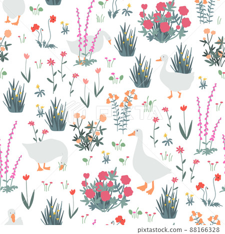 Cute seamless pattern with goose and doodle flowers. Geese in the spring garden. Vector illustration 88166328