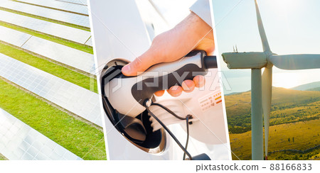 Collage of green energy with solar panels, wind turbine farm and woman hand inserting the electrical connector into the electric car for charging. Collage of green energy with solar panels, wind turbine farm and woman hand inserting the electrical connector into the electric car for charging. 88166833