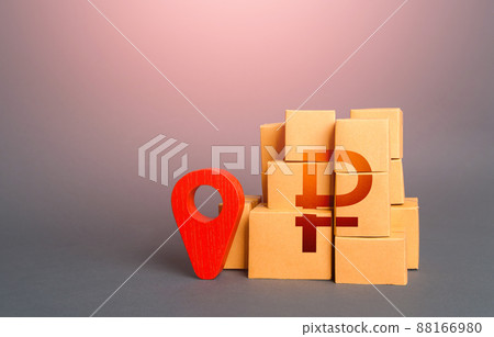 Boxes with russian ruble symbol and red location pin. Import export. Supply distribution of goods. Transportation delivering logistics, management. Trade in goods. Domestic manufacturer. Boxes with russian ruble symbol and red location pin. Import export. Supply distribution of goods. Transportation delivering logistics, management. Trade in goods. Domestic manufacturer. 88166980