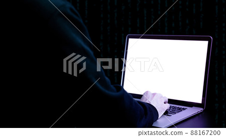 Cyber security hacker concept. Internet web hack technology. Digital laptop in hacker man hand isolated on black banner. Data protection, secured internet access, cybersecurity. 88167200
