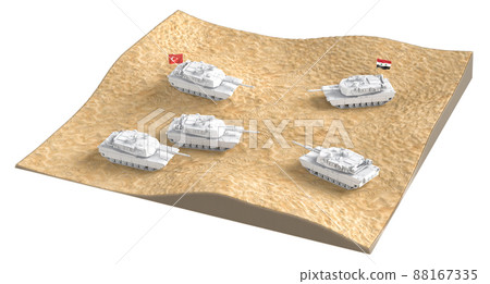 Turkish and Syrian tanks in a desert. Middle east conflict concept. 3D Rendering 88167335