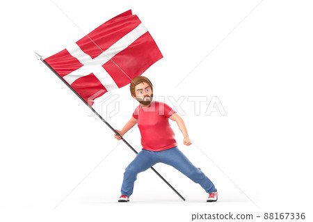 Man proudly holding waving flag of Denmark. Isolated on white background. 3D Rendering 88167336