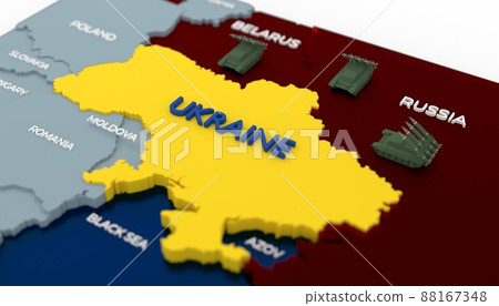 Stylich 3D Map of Ukraine surrounded by tanks and neighboring countries Stylich 3D Map of Ukraine surrounded by tanks and neighboring countries 88167348