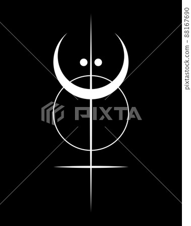 Sacred Geometry, white tattoo logo with sun, crescent moon, alchemy esoteric cross, mystical magic celestial talisman. Spiritual occultism object vector illustration isolated on black background Sacred Geometry, white tattoo logo with sun, crescent moon, alchemy esoteric cross, mystical magic celestial talisman. Spiritual occultism object vector illustration isolated on black background 88167690