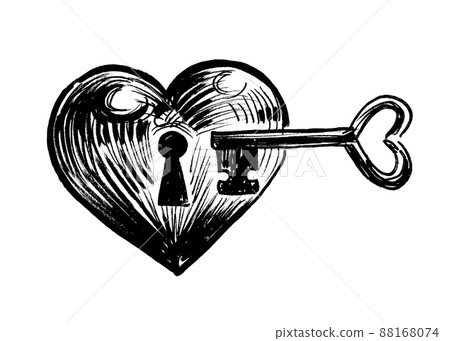 Heart lock with the key. Ink black and white... - Stock Illustration ...