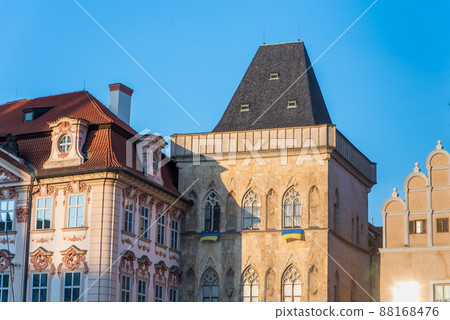 Prague, Czech Republic - 03.28.2022: An Ukrainian flags is hung in support of Ukrainians protecting their country from russians. 88168476