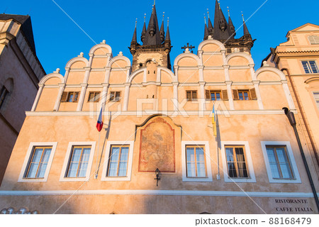 Prague, Czech Republic - 03.28.2022: An Ukrainian flags is hung in support of Ukrainians protecting their country from russians. Prague, Czech Republic - 03.28.2022: An Ukrainian flags is hung in support of Ukrainians protecting their country from russians. 88168479