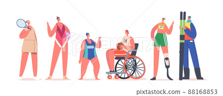 Paralympic and Healthy Women Athletes, Sportswomen Characters Swimmer with Mongolism, Tennisist, Basketball Player Paralympic and Healthy Women Athletes, Sportswomen Characters Swimmer with Mongolism, Tennisist, Basketball Player 88168853