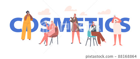 Cosmetics Concept. Female Characters Applying Beauty Procedures, Women with Facial Mask, Eye Pads and Cream Jars 88168864