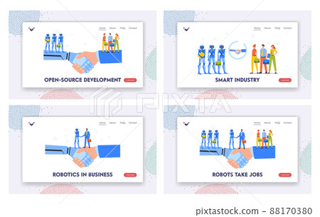 Business Cooperation with Robots Landing Page Template Set. Human and Cyborg Team Characters Handshake, Successful Deal 88170380