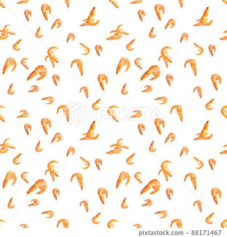 Tiger shrimp. Seamless pattern made from Prawn isolated on a white background. Seafood seamless pattern with shrimps. seafood pattern 88171467