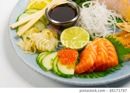 sashimi set, Japanese food. sushi restoran menu. Japanese seafood. sashimi set on plate with cucumber and salad 88171787