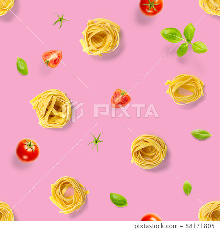 Seamless pattern from Italian pasta tagliatelle. raw pasta fettuccine pop art background, flat lay. Italian raw nest pasta isolated on white 88171805
