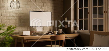 Contemporary loft workspace at night interior design with computer mockup 88172198