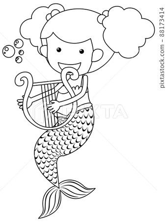 Mermaid play the harp black and white doodle character Mermaid play the harp black and white doodle character 88173414
