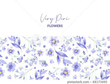 Template with watercolor very peri flowers. Hand drawn illustration of blooming plants. Botanical background for greeting card design and packaging. 88173895
