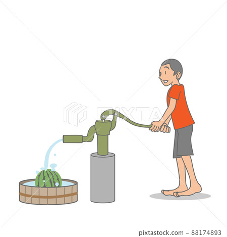 A boy pumping water with a hand-held well pump A boy pumping water with a hand-held well pump 88174893
