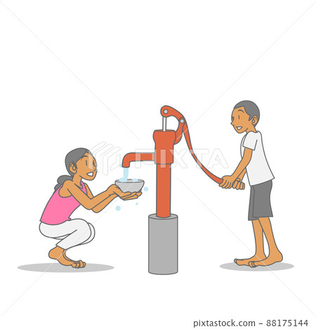 Asian children pumping water with a hand-held well pump 88175144