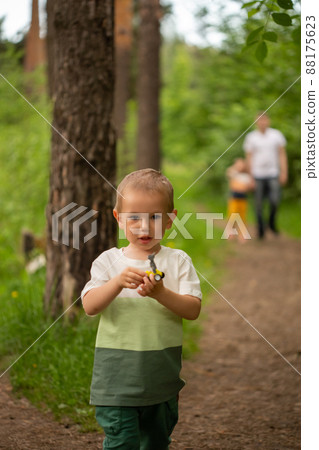 Adorable little Caucasian boy in the forest against the background of grass  88175623