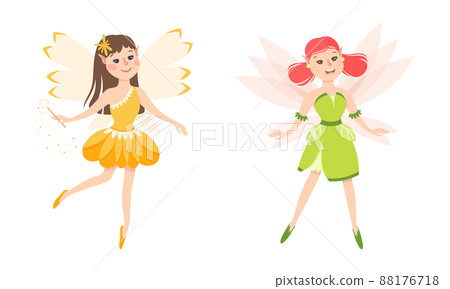 Set of happy little girls fairies in orange and green dress with wings vector illustration Set of happy little girls fairies in orange and green dress with wings vector illustration 88176718