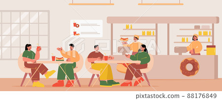 Fast food restaurant with sitting people, waitress 88176849