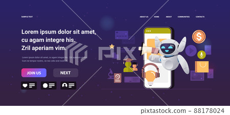 robot using loudspeaker on smartphone screen chatbot ai faq service mobile business assistant concept robot using loudspeaker on smartphone screen chatbot ai faq service mobile business assistant concept 88178024