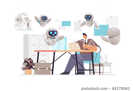 overworked businessman with robots using laptop at workplace busy business man working in office paperwork overworked businessman with robots using laptop at workplace busy business man working in office paperwork 88178062
