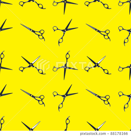 Seamless pattern of black scissors. professional hairdresser black scissors isolated on yellow. Black barber scissors, close up. pop art background Seamless pattern of black scissors. professional hairdresser black scissors isolated on yellow. Black barber scissors, close up. pop art background 88178166