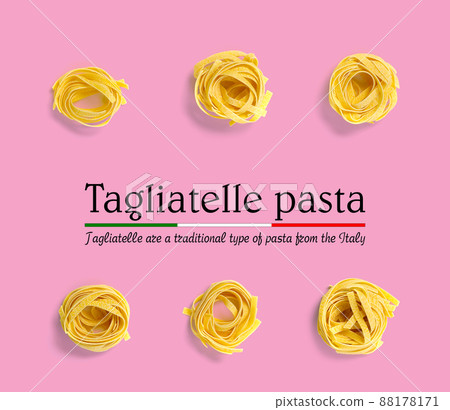 Italian pasta tagliatelle. raw pasta fettuccine pop art background, flat lay. Italian raw nest pasta isolated on pink Italian pasta tagliatelle. raw pasta fettuccine pop art background, flat lay. Italian raw nest pasta isolated on pink 88178171