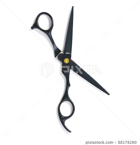 professional hairdresser black scissors isolated on white. Black barber scissors, close up. 88178260