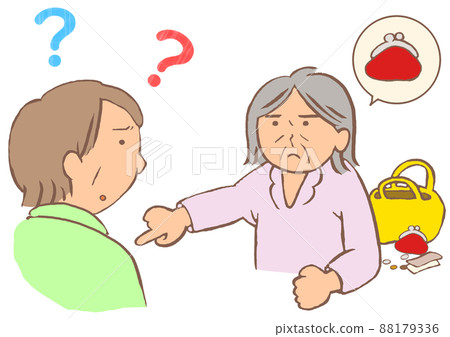Illustration of an elderly woman who thinks that her dementia has been stolen and her wallet has disappeared. 88179336