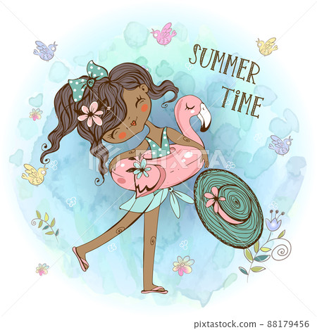 Cute girl in a swimsuit with a swimming circle . Summer time. Vector. Cute girl in a swimsuit with a swimming circle . Summer time. Vector. 88179456