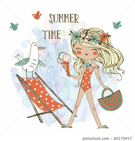 Cute girl in a swimsuit with ice cream on the beach. Summer time. Vector Cute girl in a swimsuit with ice cream on the beach. Summer time. Vector 88179457