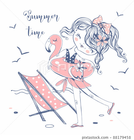 Cute girl in a swimsuit with a swimming circle and a beach lounger. Summer time. Vector. 88179458