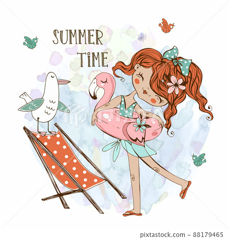Cute girl in a swimsuit with a swimming circle on the beach with a seagull. Summer time. Vector. Cute girl in a swimsuit with a swimming circle on the beach with a seagull. Summer time. Vector. 88179465