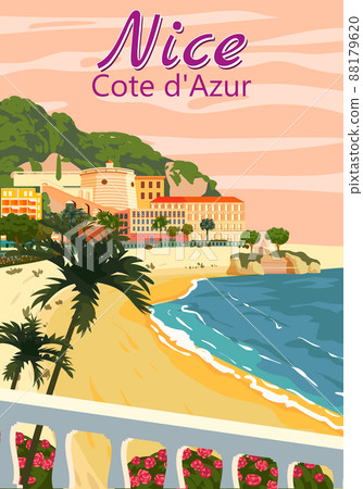 Nice French Riviera coast poster vintage. Resort, coast, sea, palms, beach. Retro style illustration vector Nice French Riviera coast poster vintage. Resort, coast, sea, palms, beach. Retro style illustration vector 88179620